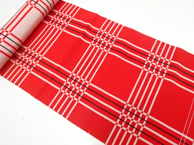 アンティーク　格子模様織り出し　八寸帯地反物